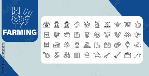 Farming Agriculture Icon Set Line Style Farm Animals Crops Tools and Rural Life