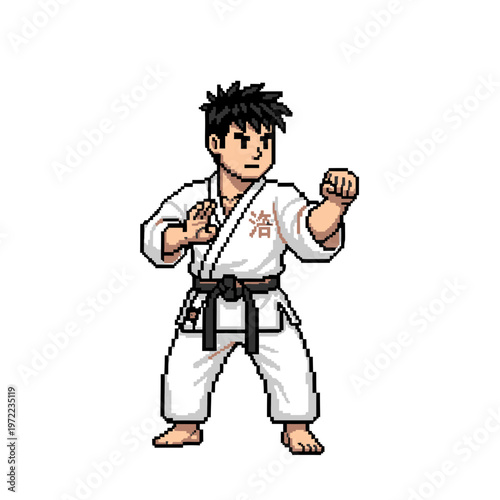 空手のポーズをとる少年キャラクター、白い道着と黒帯を着用している。