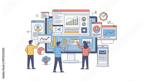 Business data analysis and team collaboration concept showing people working with various charts, profiles, and messages on a large computer screen.