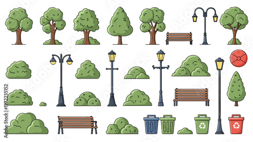 Large set of park and city elements including various trees bushes wooden benches street lamps and trash cans.