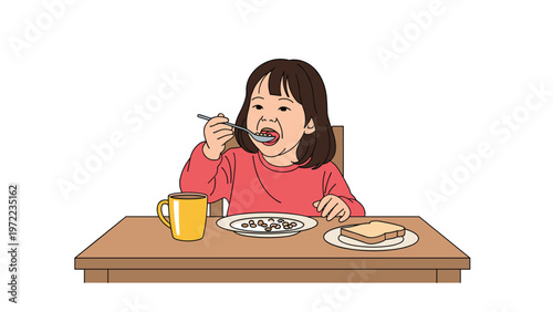 Young asian girl sitting at a wooden table enjoying a healthy breakfast with cereal toast and a warm beverage.