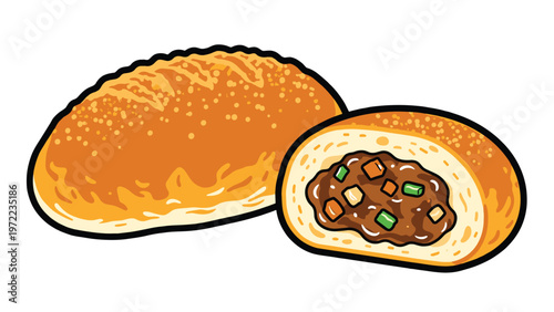 Two golden-brown Japanese curry bread buns with one sliced open to reveal the rich and savory vegetable curry filling inside.