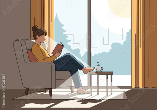 窓辺で読書を楽しむ女性が、リラックスした姿勢で椅子に座っている室内の風景です。