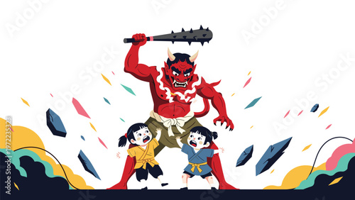 Scared children running away from a terrifying large red Japanese demon monster raising a spiked club against white background.