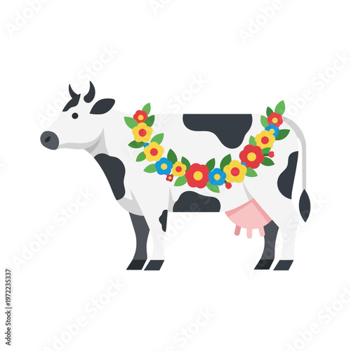 花の冠とピンクの腹帯をつけた牛のかわいらしいイラストです。