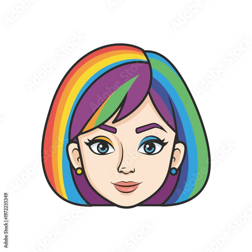 虹色の髪を持つ若い女性のイラストで、明るい表情と大きな瞳が特徴的です。