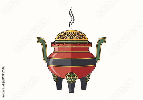 蒸気が立ち上る伝統的な中国の青銅製の香炉のイラスト。