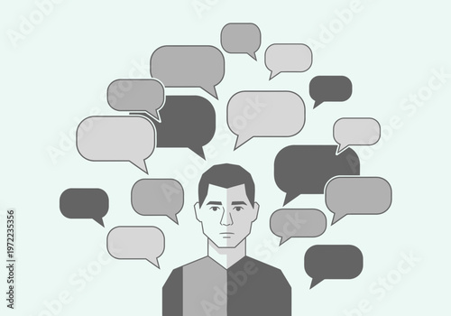 複数の会話の吹き出しが浮かぶ中、中央に男性のシンプルなイラストが配置されている。