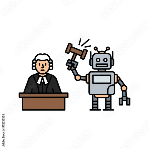 裁判官とロボットが法廷で対話している様子を描いたイラストです。