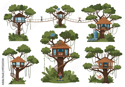 複数の木の上に建てられたキャッスルやハンモックのある木の家が描かれているイラストです。