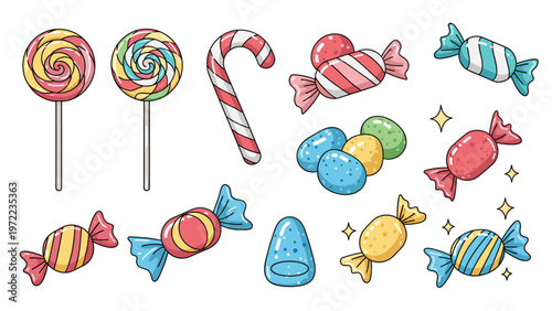 Assorted colorful candies and sweet treats including lollipops candy canes wrapped chocolates and jelly beans.