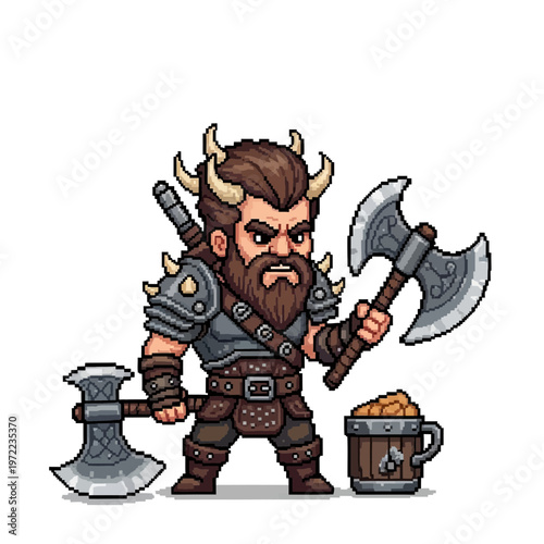 角と鎧を身にまとった戦士風のキャラクターが両手に斧を持ち、木箱の前に立っている。