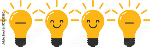 Light bulb ideas set happy faces and simple lines showing inspiration and problem solving innovative concepts.