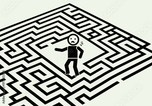 謎の迷路の中で困惑した表情のキャラクターが立っているシンプルなイラスト。