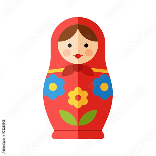 赤いマトリョーシカ人形で、花柄の模様と笑顔の顔が特徴的な伝統的なロシアのおもちゃです。