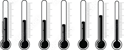 Thermometer icons set measuring temperature liquid level indicating hot cold weather science medical tool graphic symbols.