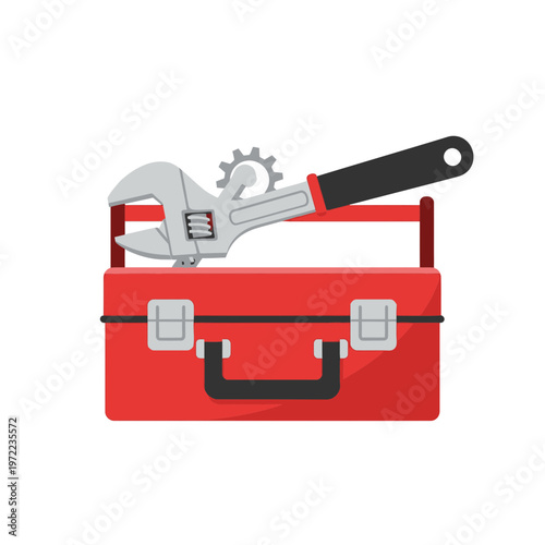 赤い工具箱の上に、レンチとギアが置かれているシンプルなイラストです。