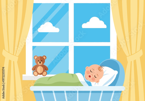 赤ちゃんがベッドで眠っている様子が窓越しに見える、明るい室内のシーンです。