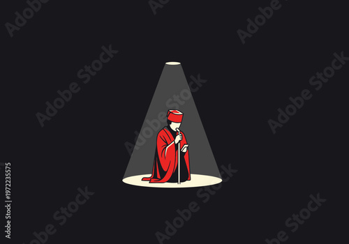 赤い衣装を着た人物がマイクを持ち、スポットライトの下で話している様子。