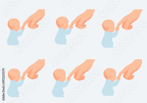 赤ちゃんが大人の指を握りしめている様子を描いたイラストの連続画像です。