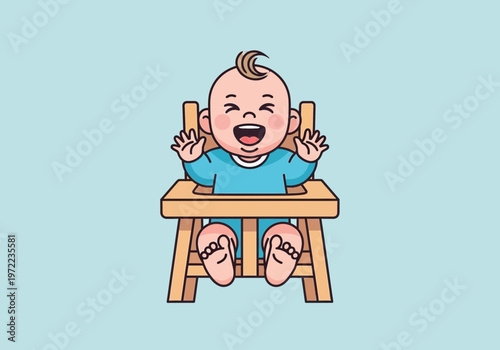 赤ちゃんが高い椅子に座り、笑顔で両手を上げている姿を描いたイラストです。