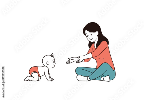 赤ちゃんと母親が床に座り、遊びながらコミュニケーションを取っているシンプルなイラスト。