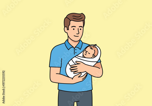 赤ちゃんを抱く男性のイラストで、優しい表情が特徴的です。