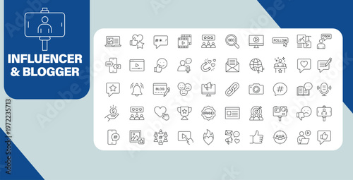 Influencer Blogger Line Icons Content Creation Social Media Marketing Branding and Engagement Concept