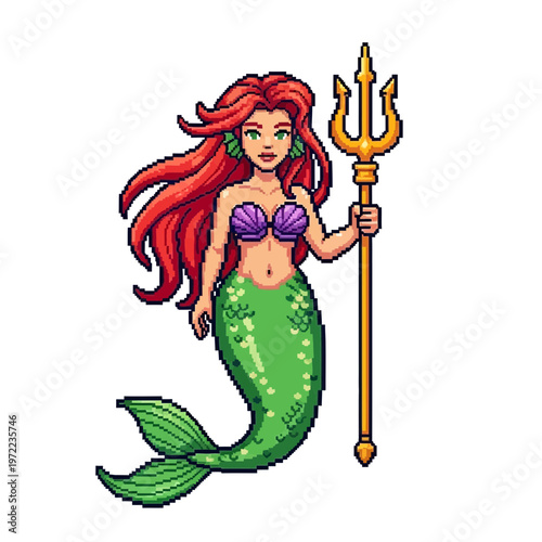 赤髪の人魚がトライデントを持ち、緑の鱗の尾を持つキャラクターのピクセルアートです。