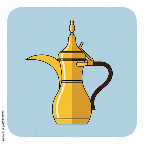 金色の伝統的なコーヒーポットのイラストで、シンプルなデザインと明るい色彩が特徴です。