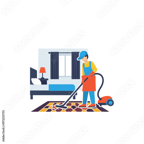 部屋の中で掃除機を使って床を掃除している人物のイラストです。