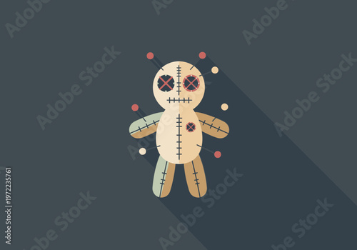 針と糸で縫われた人形のようなキャラクター、ボタンや糸の縫い目が特徴的なデザイン。