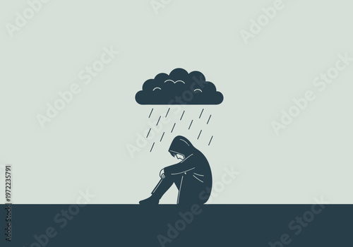 雨の中で座っている人のシルエット。雲から雨が降っている様子が描かれている。