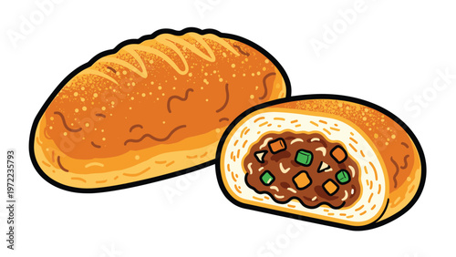 Delicious golden brown baked curry bread shown whole and cut in half to reveal the savory vegetable and meat filling.