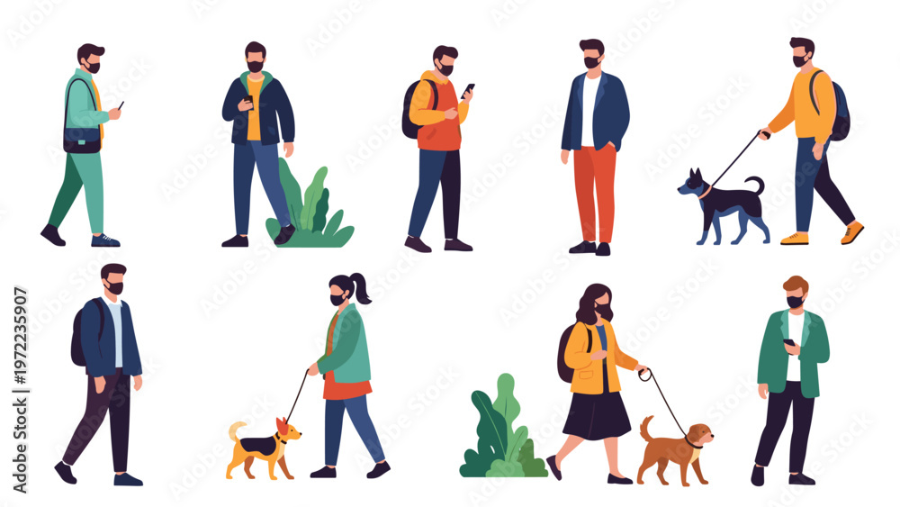 Fototapeta premium Diverse people wearing protective face masks walking their dogs and using smartphones in a city street setting.