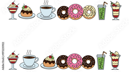 Top and bottom horizontal border featuring an assortment of donuts, puddings, sundaes, fruit drinks, and hot coffee cups.