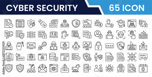 Outline Cyber Security Icon Set in Line Art Style for Data Protection, Firewall, Antivirus, Encryption, Privacy, Secure Network, Malware Defense, and Digital Interface Design