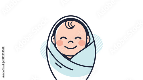 Adorable smiling baby character wrapped snugly in a light blue swaddle blanket against a white background with soft patterns.