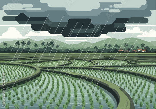 雨の降る田園風景で、畑と遠くに小さな家々が見える。暗い雲と降雨が特徴的です。