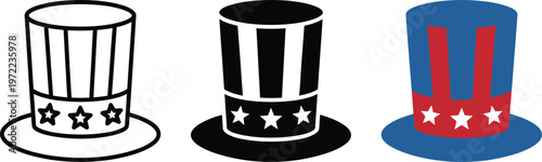 Three variations of patriotic stovepipe hats featuring stripes and star patterns for celebrating national holiday event designs