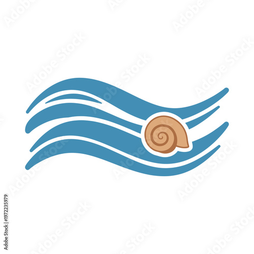 青い波と巻貝のイラストで、海や海辺の風景を表現しているシンプルなデザインです。