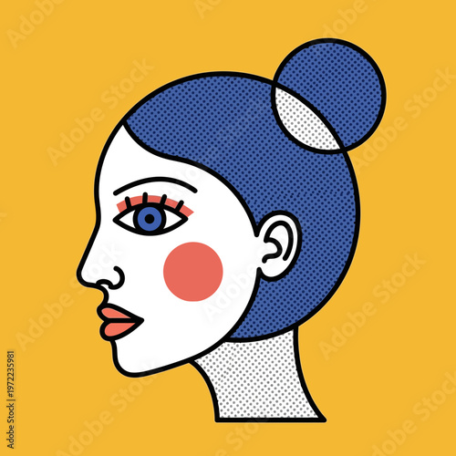 青い髪の女性の横顔イラストで、シンプルなデザインと明るい背景が特徴的です。