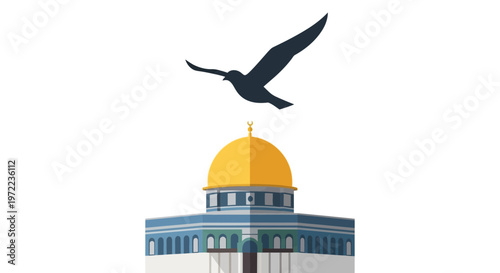 鳥がドーム型の建物の上を飛んでいるシンプルなイラストです。