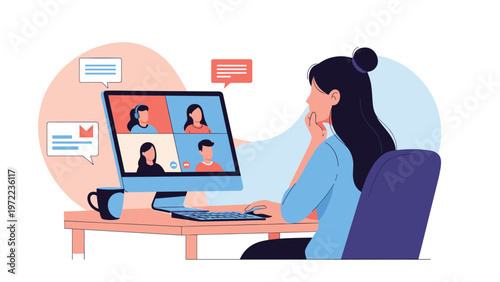 Woman working at a computer participating in a video conference call with colleagues and receiving message notifications.