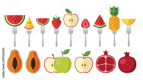 Creative collection of various fruit slices on silver forks and cross sections of fruit including watermelon, apple, pineapple, and papaya.