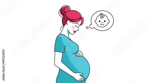 Profile of a pregnant woman wearing a blue dress and gently touching her belly while dreaming about her future baby.