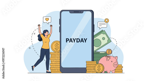 Joyful woman celebrating payday next to a large smartphone with stacks of coins cash and a pink piggy bank.