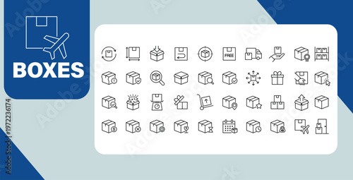 Logistics and delivery concept banner with packaging boxes and shipping line icons set