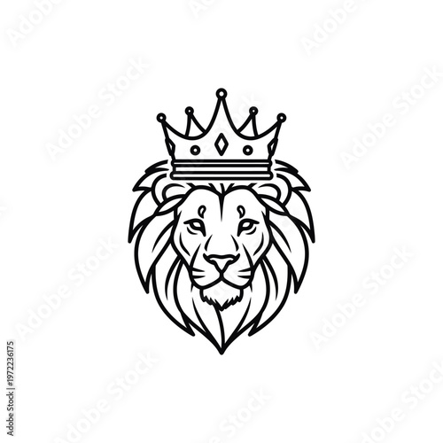 A regal lion wearing a crown on a white background in a simple line drawing style
