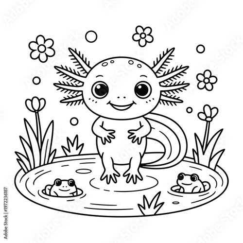 A cheerful cartoon dog happily swimming in a wavy ocean with sea creatures isolated on white background, Vector